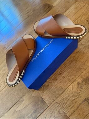 Stuart Weitzman Tan Leather Crossband Slide Mules with Gold Studs